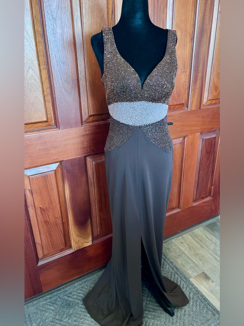 JS Boutique Women Beaded Maxi Long Dress Size 6 Ombre Front Slit Formal